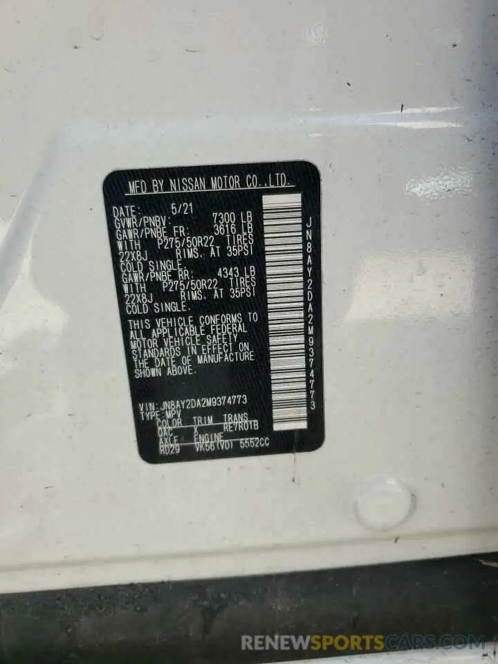 13 Фотография поврежденного автомобиля JN8AY2DA2M9374773 NISSAN ARMADA 2021