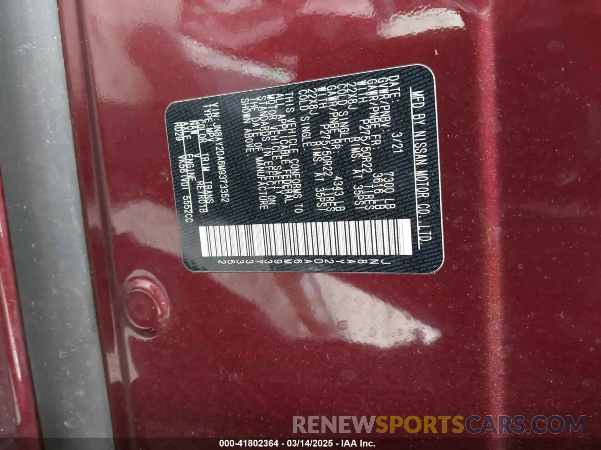 9 Фотография поврежденного автомобиля JN8AY2DA6M9373352 NISSAN ARMADA 2021