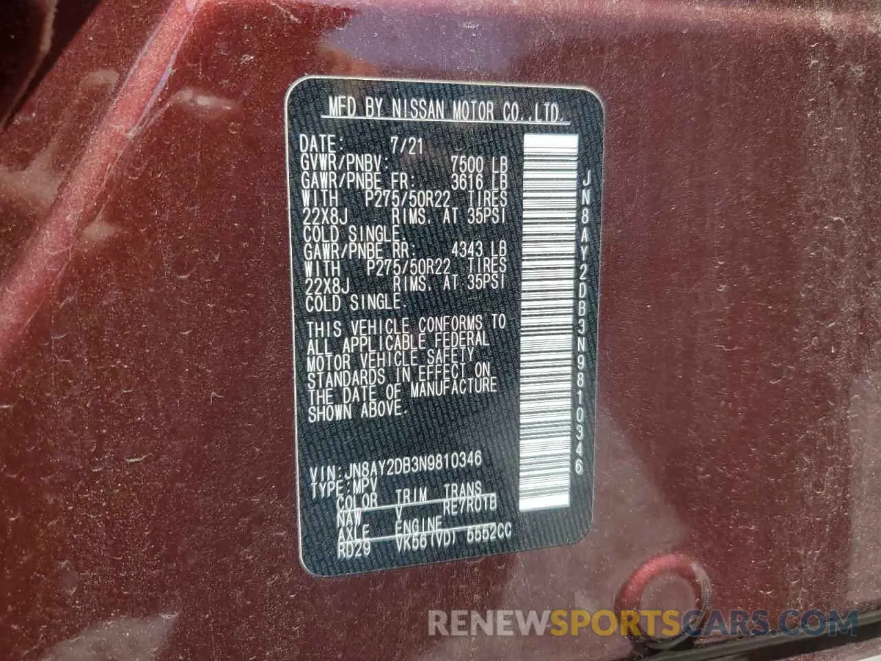 13 Photograph of a damaged car JN8AY2DB3N9810346 NISSAN ARMADA 2022