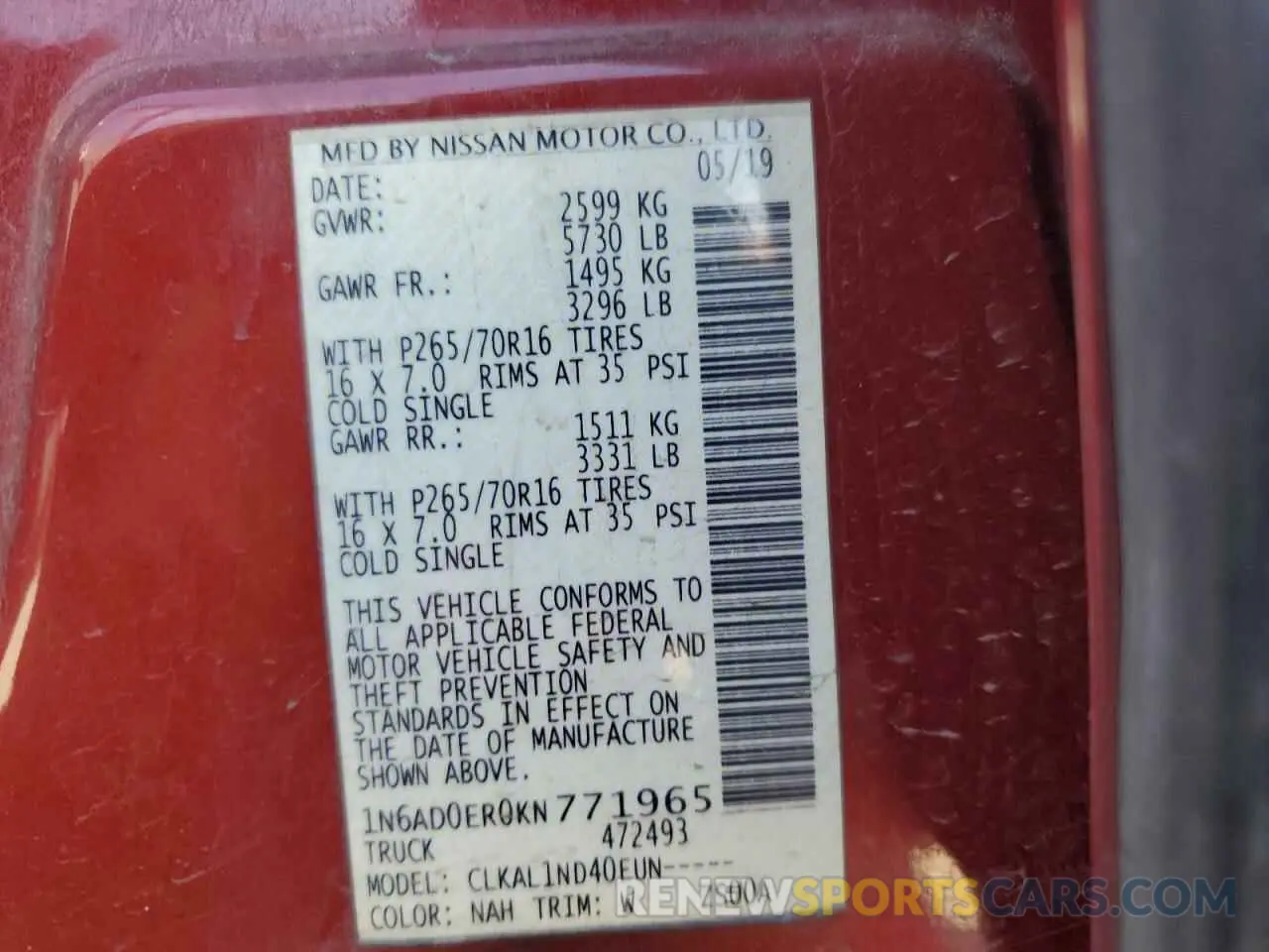 14 Photograph of a damaged car 1N6AD0ER0KN771965 NISSAN FRONTIER 2019