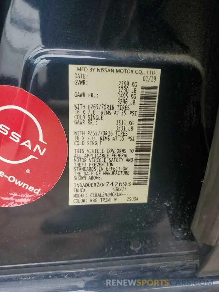 12 Photograph of a damaged car 1N6AD0ER2KN742693 NISSAN FRONTIER 2019