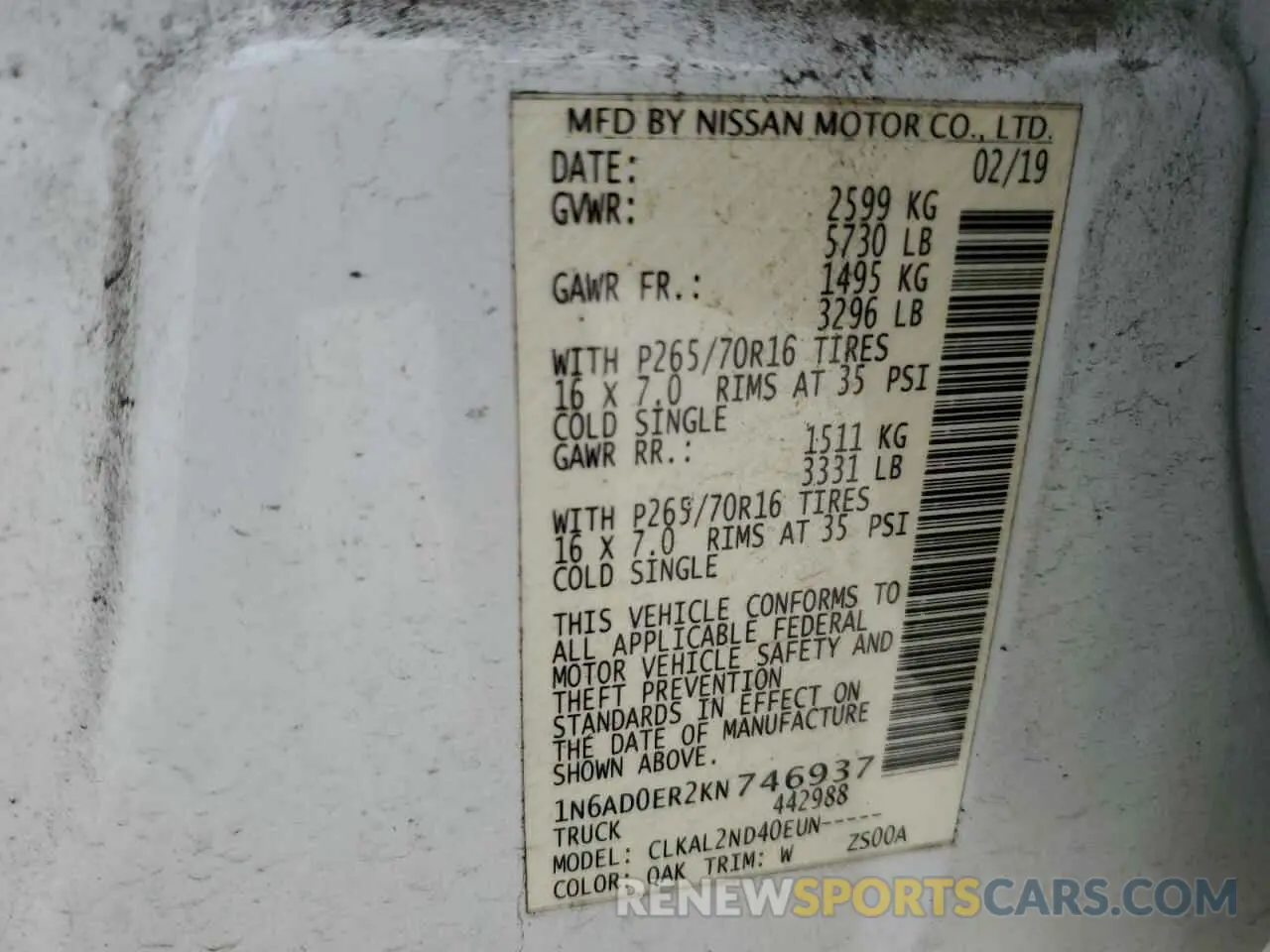 12 Photograph of a damaged car 1N6AD0ER2KN746937 NISSAN FRONTIER 2019