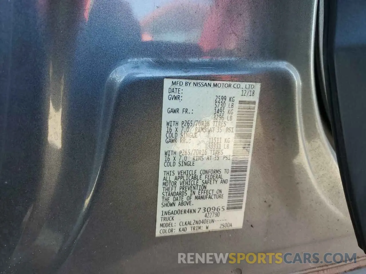 12 Photograph of a damaged car 1N6AD0ER4KN730965 NISSAN FRONTIER 2019