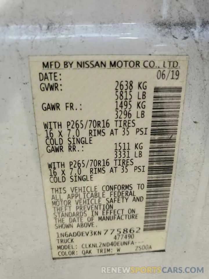 13 Photograph of a damaged car 1N6AD0EV3KN775862 NISSAN FRONTIER 2019