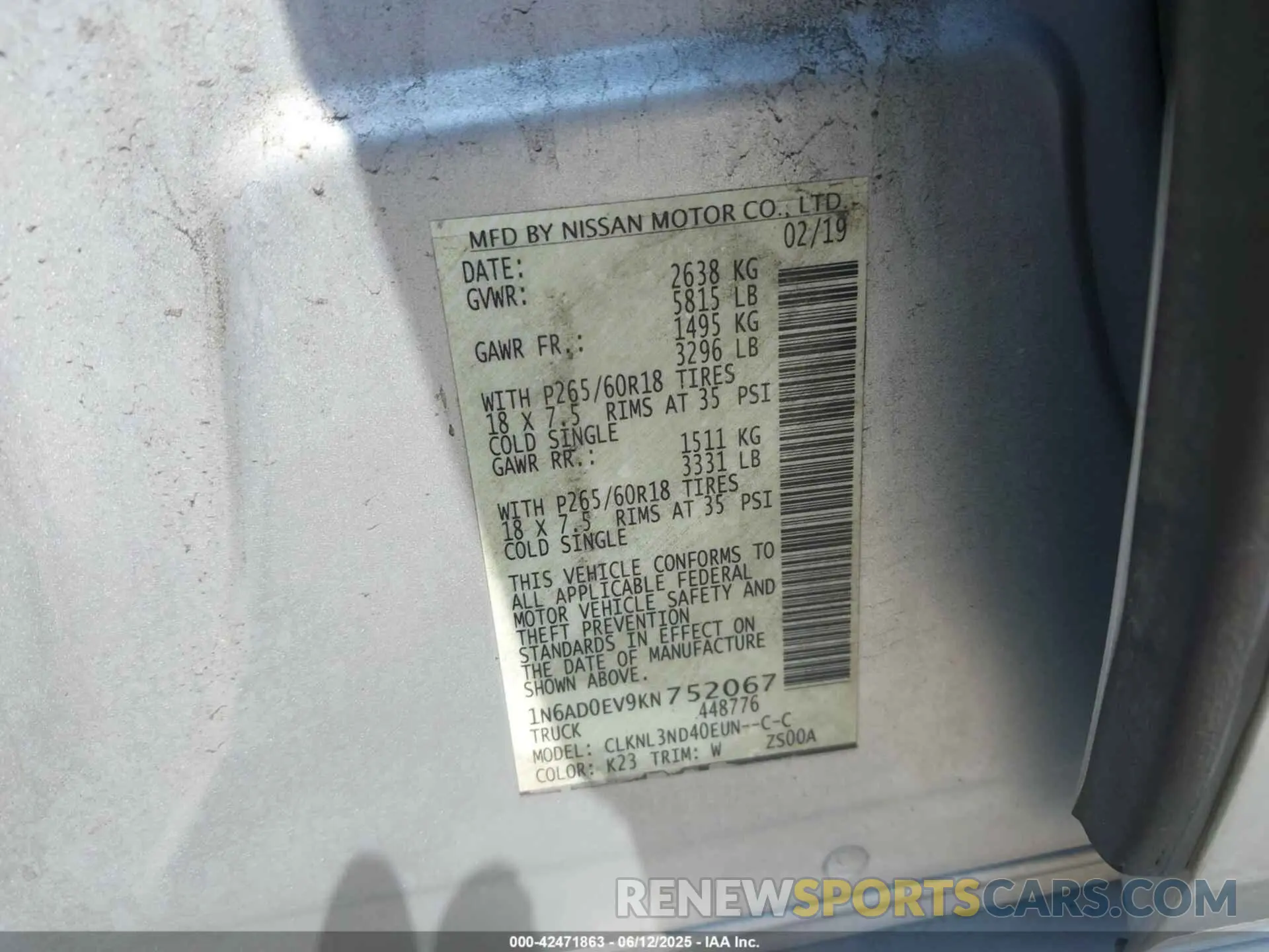 9 Photograph of a damaged car 1N6AD0EV9KN752067 NISSAN FRONTIER 2019
