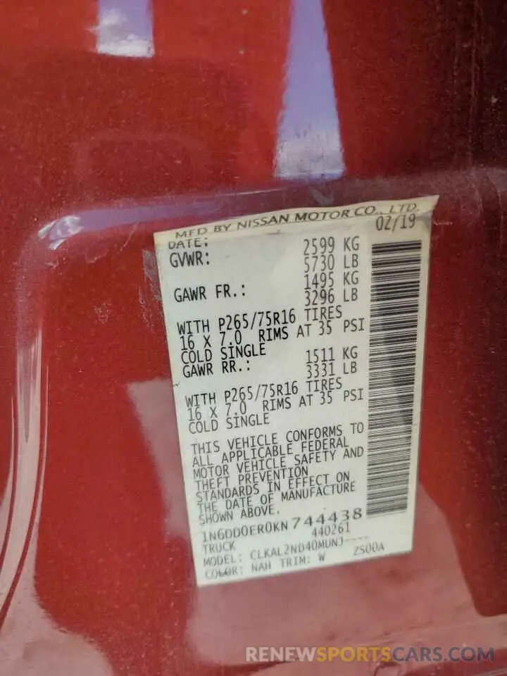 12 Фотография поврежденного автомобиля 1N6DD0ER0KN744438 NISSAN FRONTIER 2019
