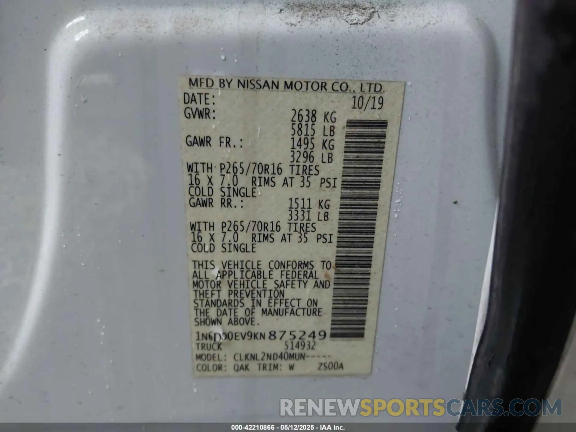 9 Фотография поврежденного автомобиля 1N6DD0EV9KN875249 NISSAN FRONTIER 2019