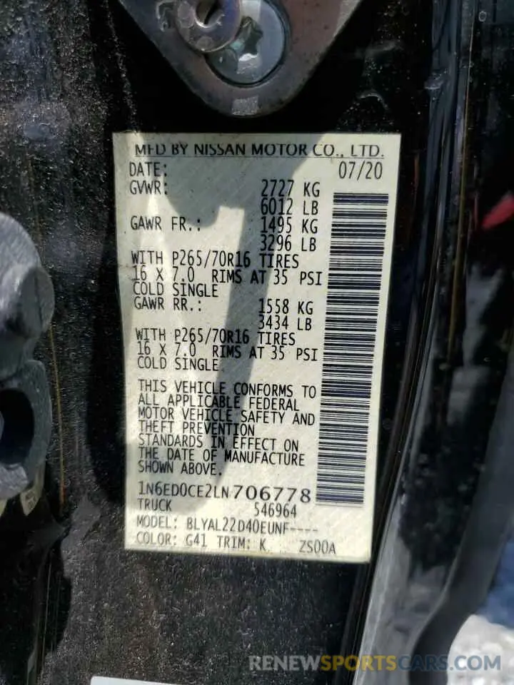 12 Photograph of a damaged car 1N6ED0CE2LN706778 NISSAN FRONTIER 2020