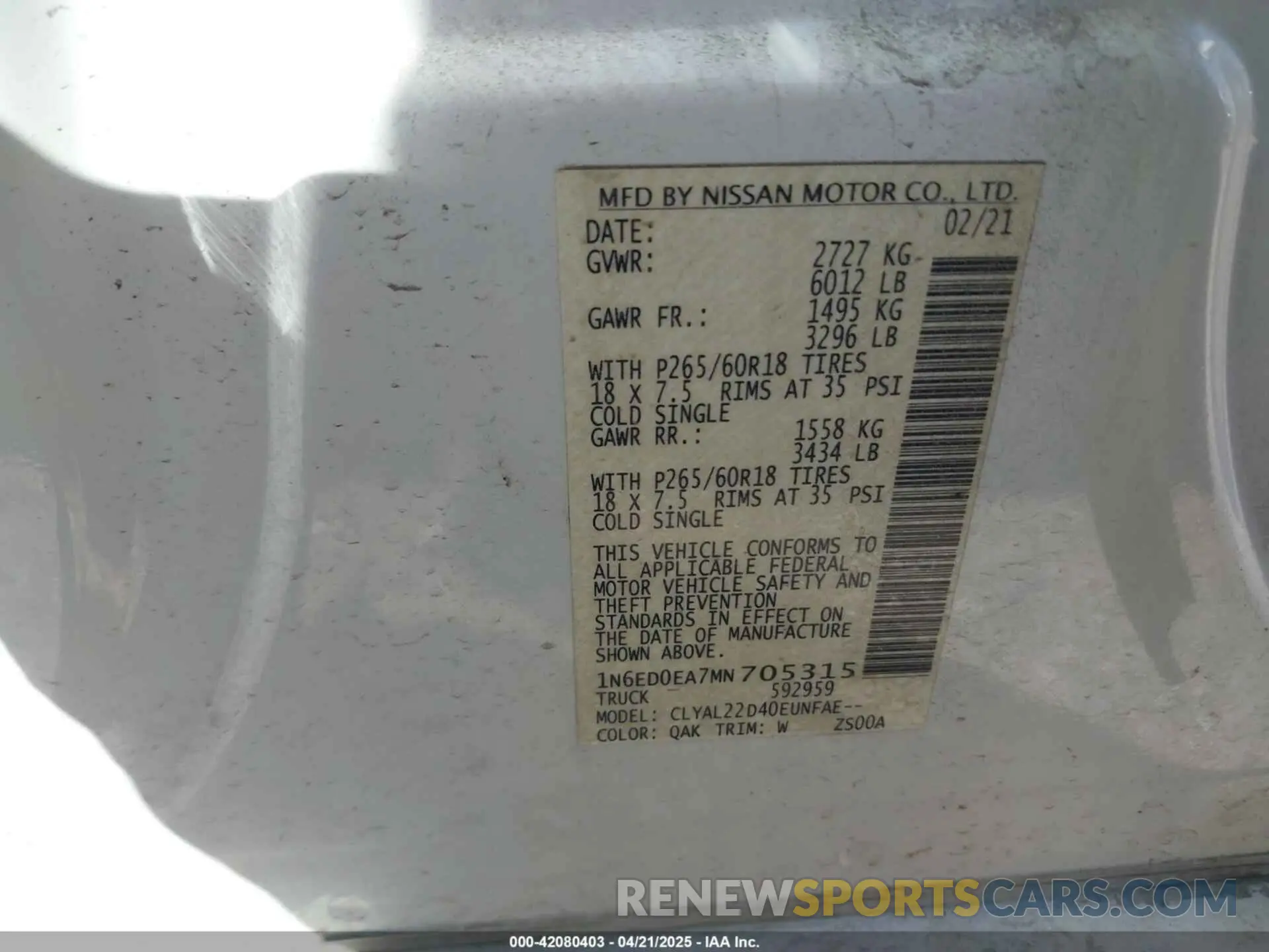 9 Photograph of a damaged car 1N6ED0EA7MN705315 NISSAN FRONTIER 2021