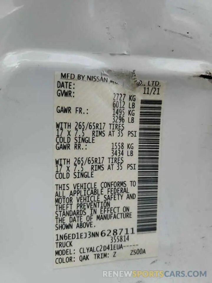 12 Фотография поврежденного автомобиля 1N6ED1EJ3NN628711 NISSAN FRONTIER 2022