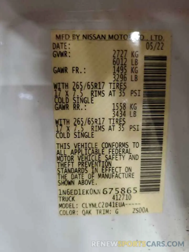 12 Фотография поврежденного автомобиля 1N6ED1EK0NN675865 NISSAN FRONTIER 2022