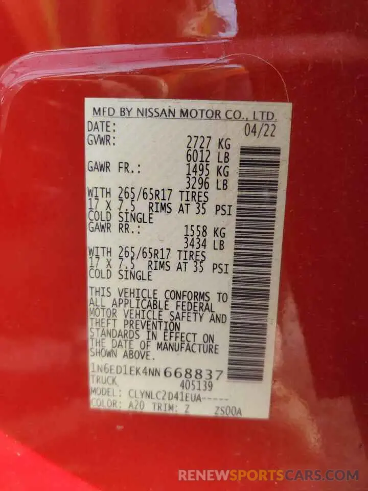12 Фотография поврежденного автомобиля 1N6ED1EK4NN668837 NISSAN FRONTIER 2022