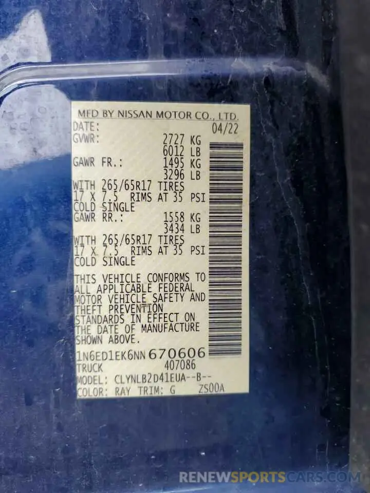 12 Фотография поврежденного автомобиля 1N6ED1EK6NN670606 NISSAN FRONTIER 2022
