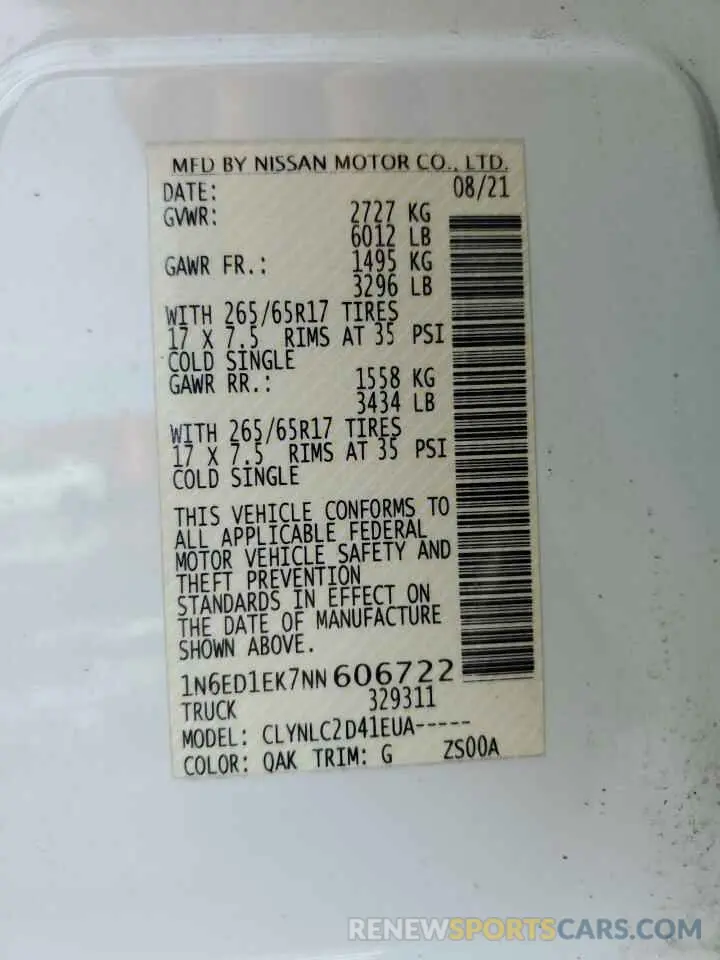14 Фотография поврежденного автомобиля 1N6ED1EK7NN606722 NISSAN FRONTIER 2022