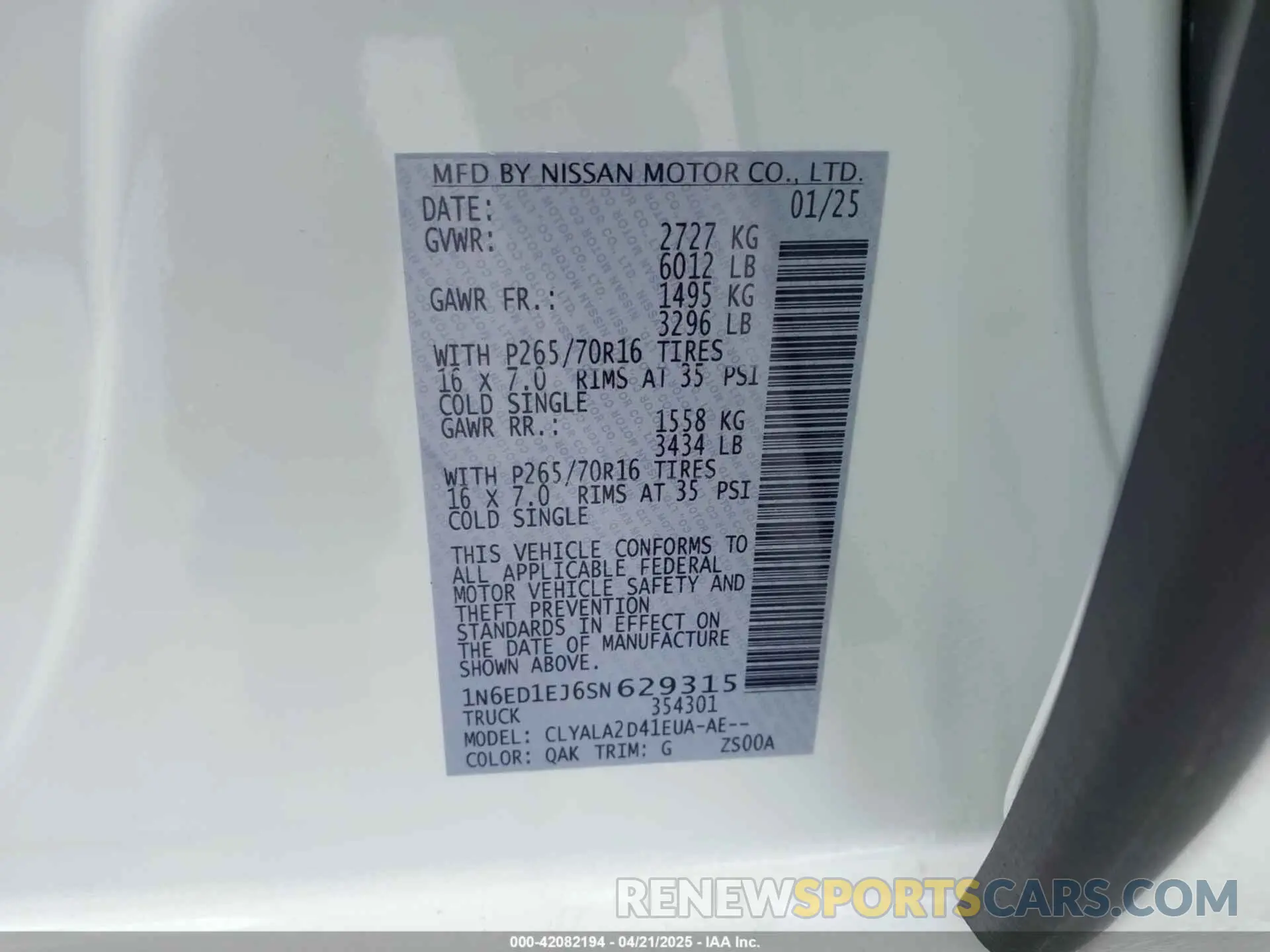 9 Фотография поврежденного автомобиля 1N6ED1EJ6SN629315 NISSAN FRONTIER 2025