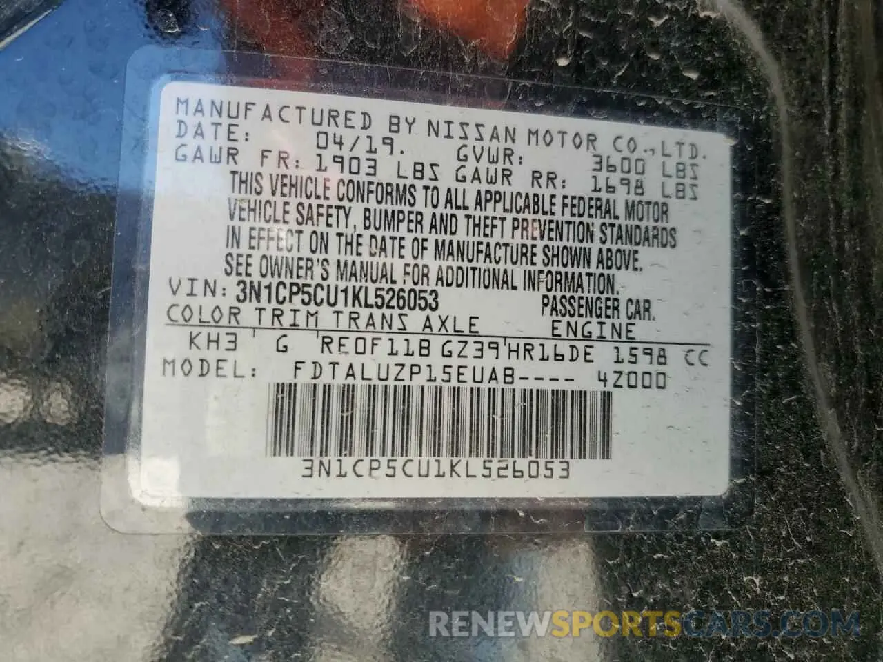 15 Photograph of a damaged car 3N1CP5CU1KL526053 NISSAN KICKS 2019