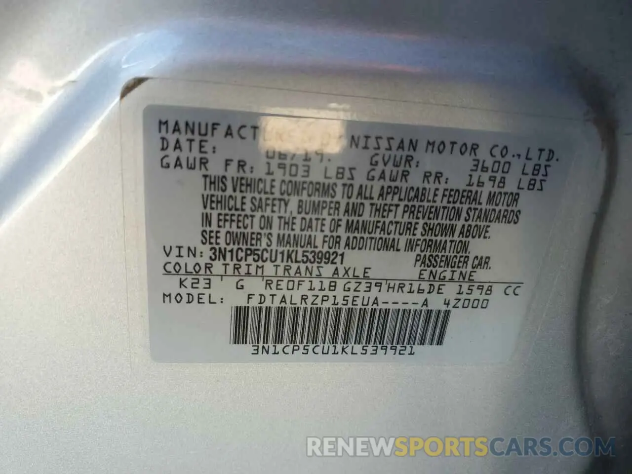 12 Photograph of a damaged car 3N1CP5CU1KL539921 NISSAN KICKS 2019