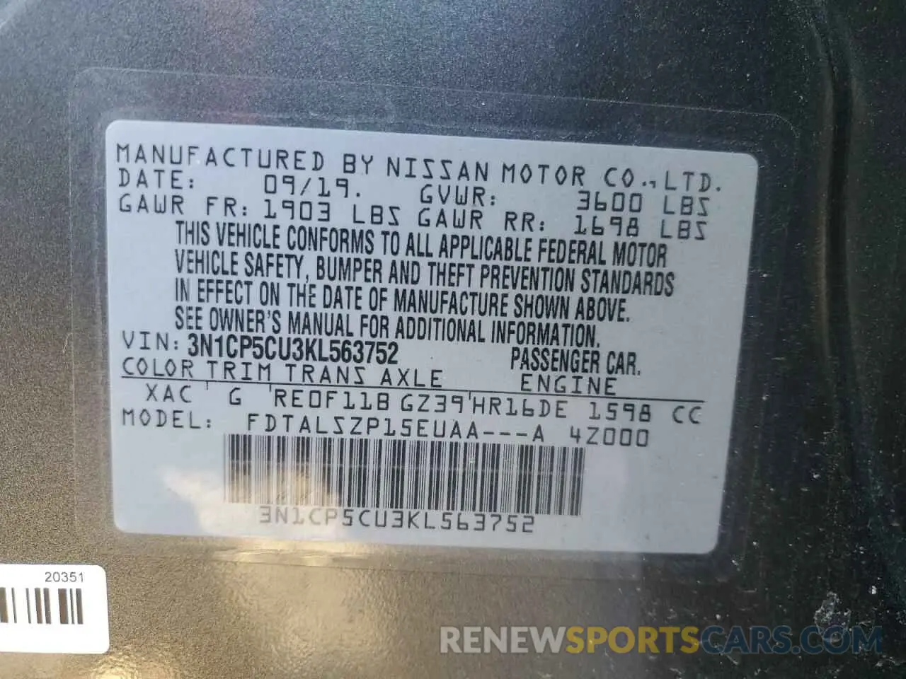 13 Фотография поврежденного автомобиля 3N1CP5CU3KL563752 NISSAN KICKS 2019