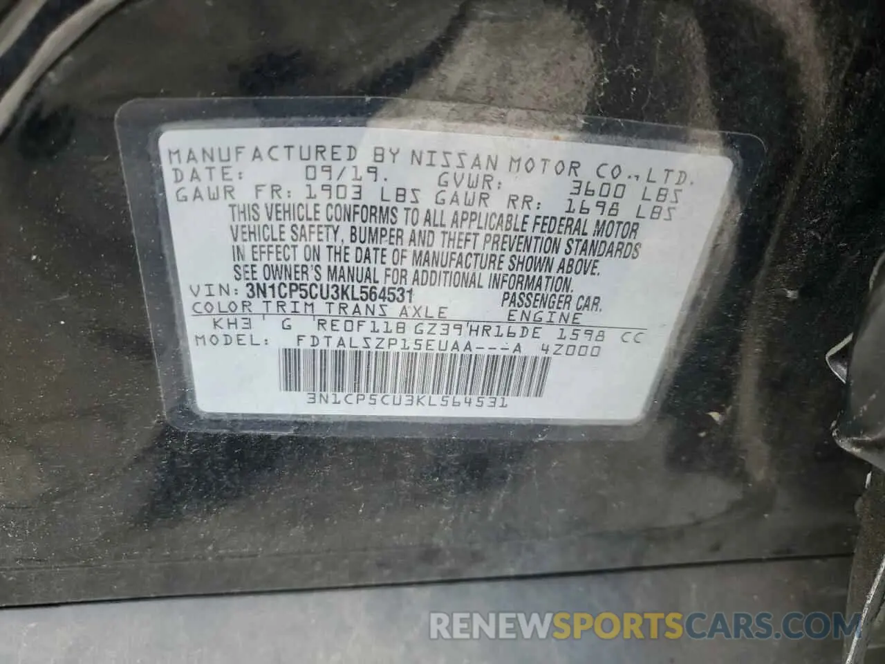 13 Photograph of a damaged car 3N1CP5CU3KL564531 NISSAN KICKS 2019
