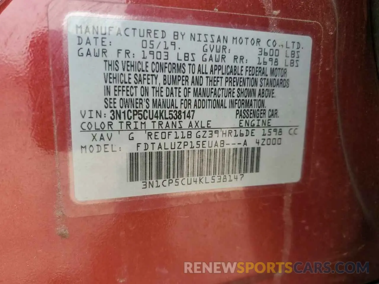 12 Фотография поврежденного автомобиля 3N1CP5CU4KL538147 NISSAN KICKS 2019