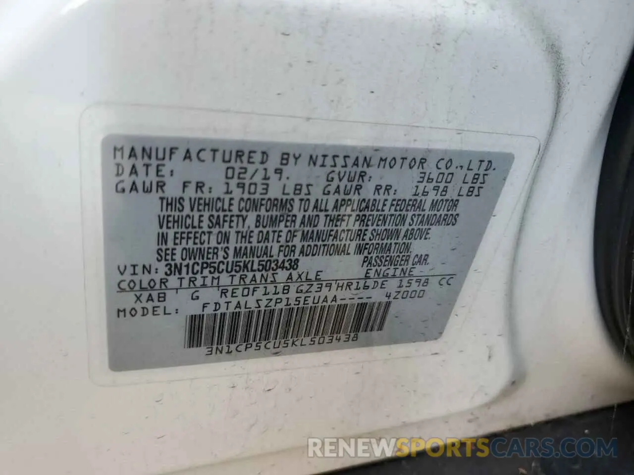 15 Photograph of a damaged car 3N1CP5CU5KL503438 NISSAN KICKS 2019