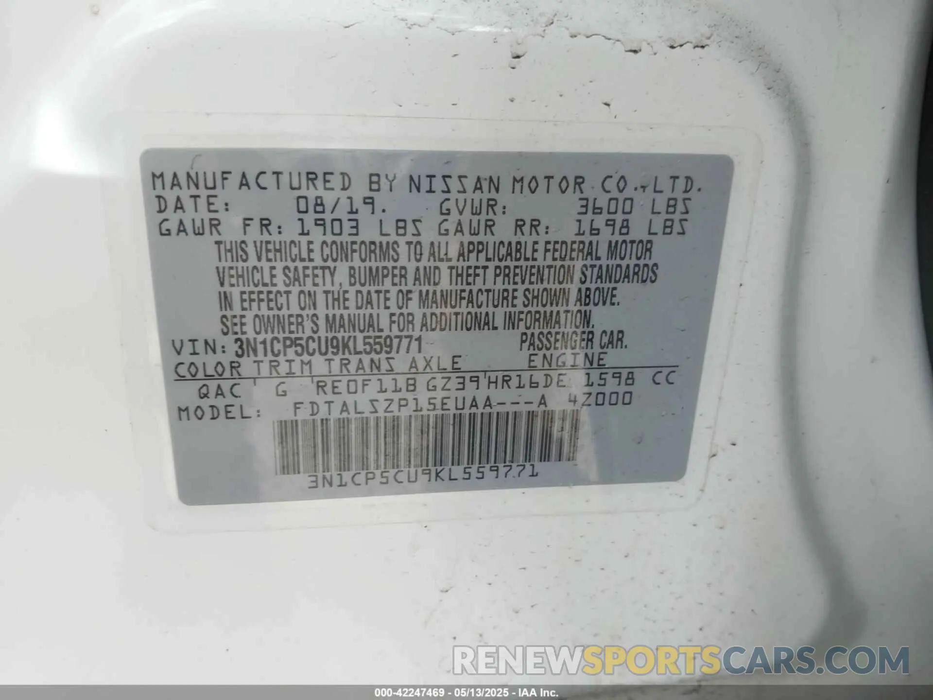 9 Photograph of a damaged car 3N1CP5CU9KL559771 NISSAN KICKS 2019