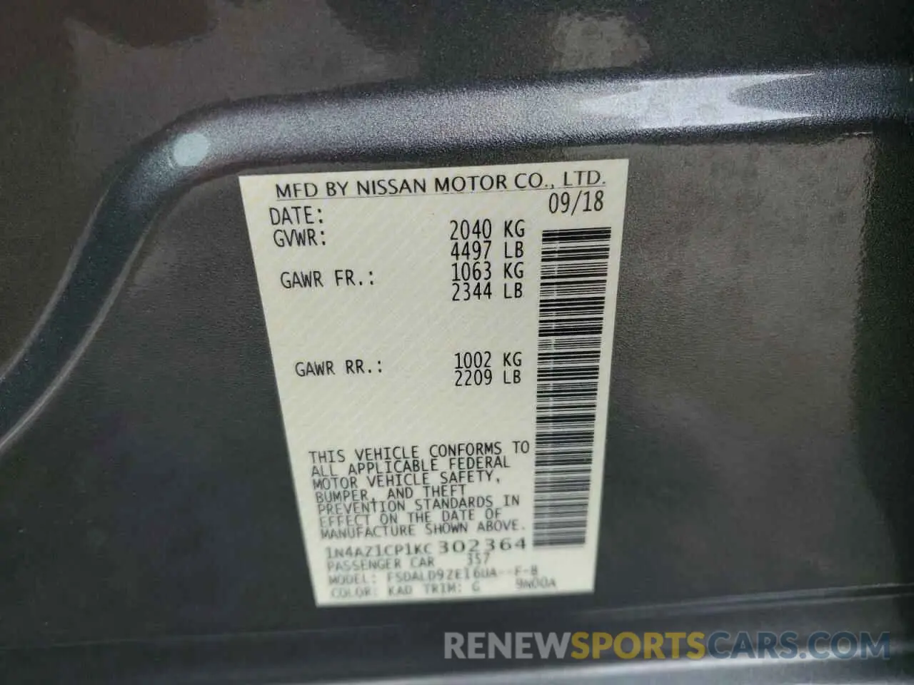 13 Photograph of a damaged car 1N4AZ1CP1KC302364 NISSAN LEAF 2019