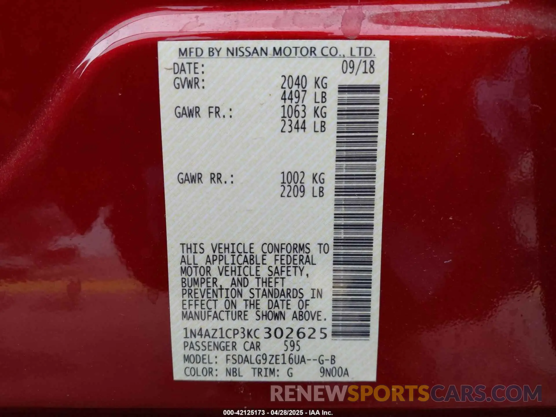 9 Photograph of a damaged car 1N4AZ1CP3KC302625 NISSAN LEAF 2019