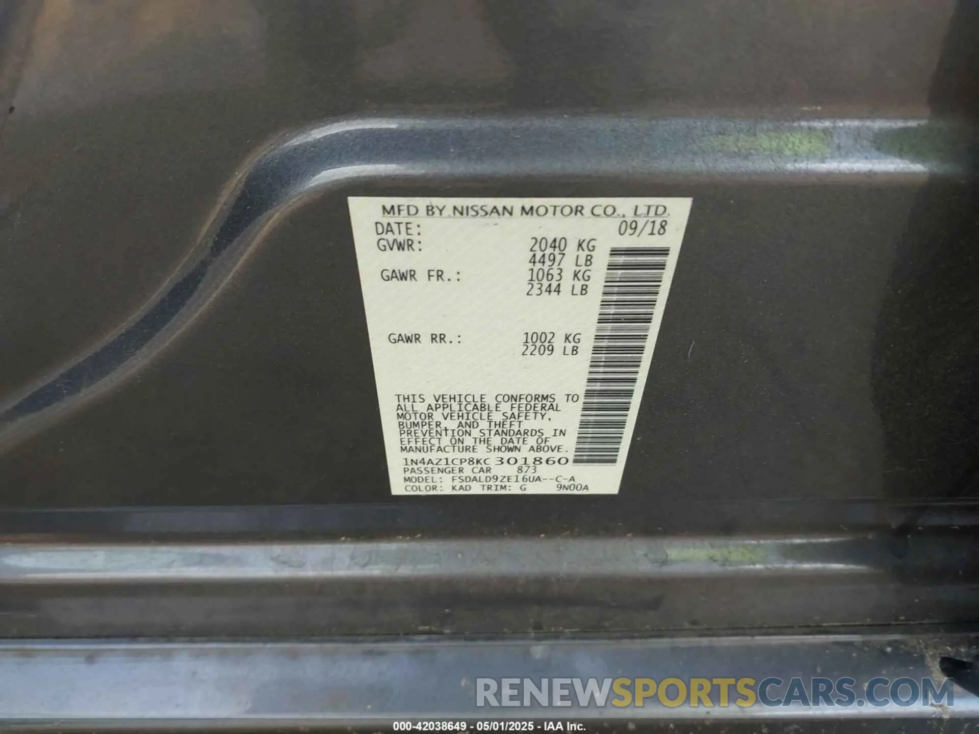 9 Photograph of a damaged car 1N4AZ1CP8KC301860 NISSAN LEAF 2019
