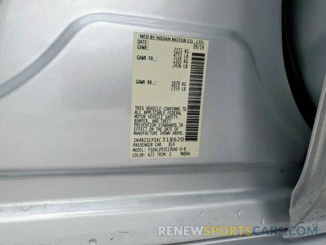 12 Photograph of a damaged car 1N4BZ1CP1KC318620 NISSAN LEAF 2019