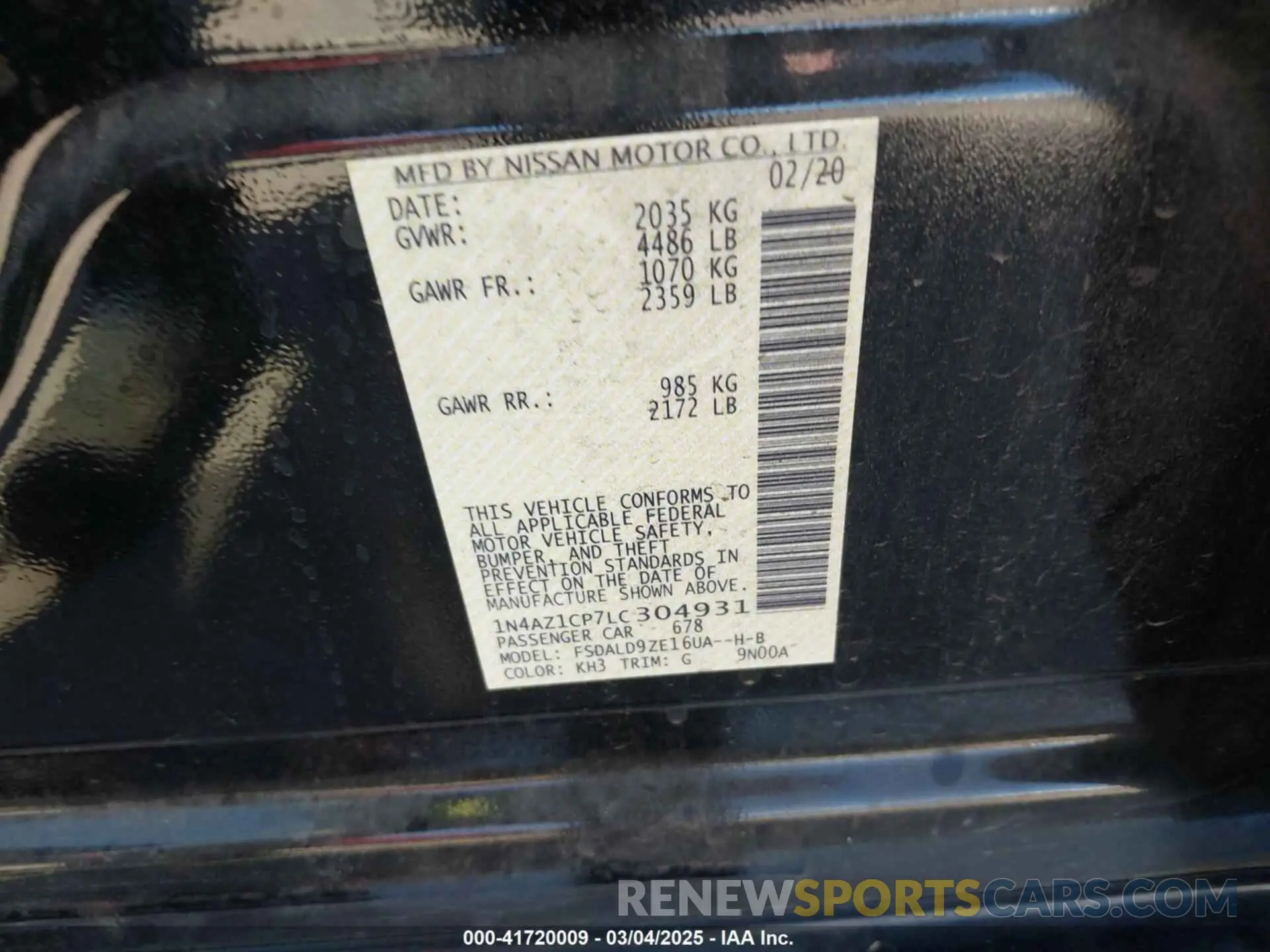 9 Photograph of a damaged car 1N4AZ1CP7LC304931 NISSAN LEAF 2020
