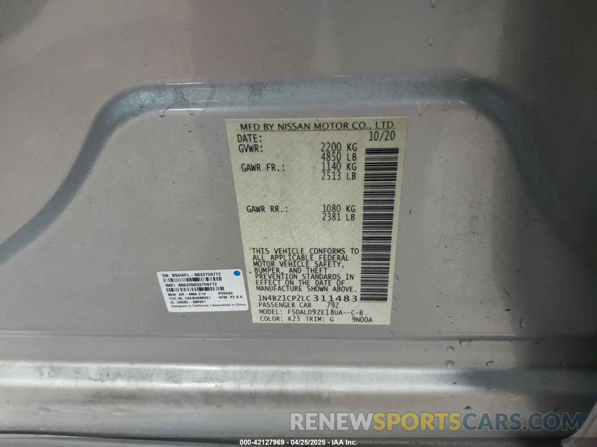 9 Photograph of a damaged car 1N4BZ1CP2LC311483 NISSAN LEAF 2020