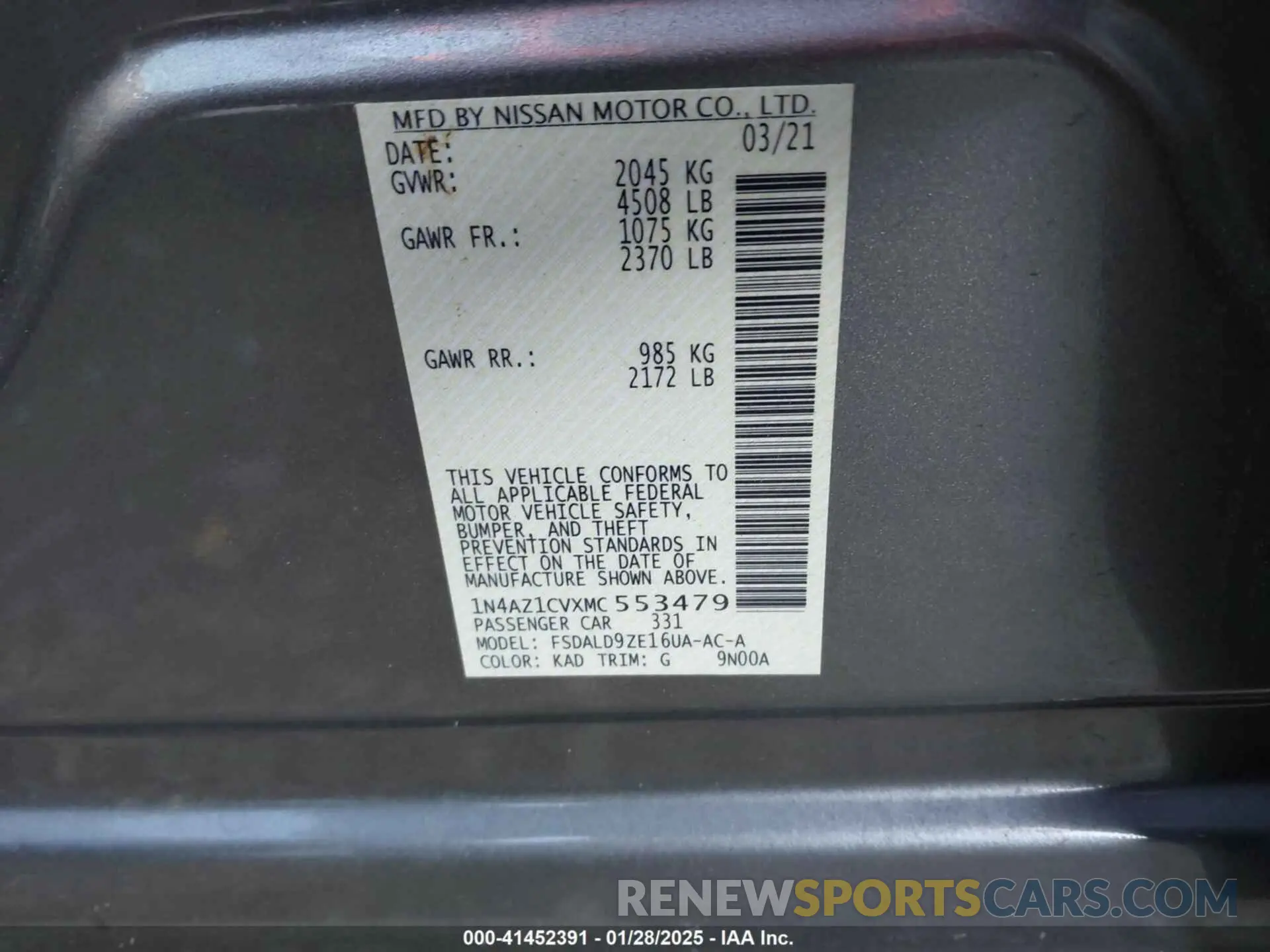 9 Photograph of a damaged car 1N4AZ1CVXMC553479 NISSAN LEAF 2021