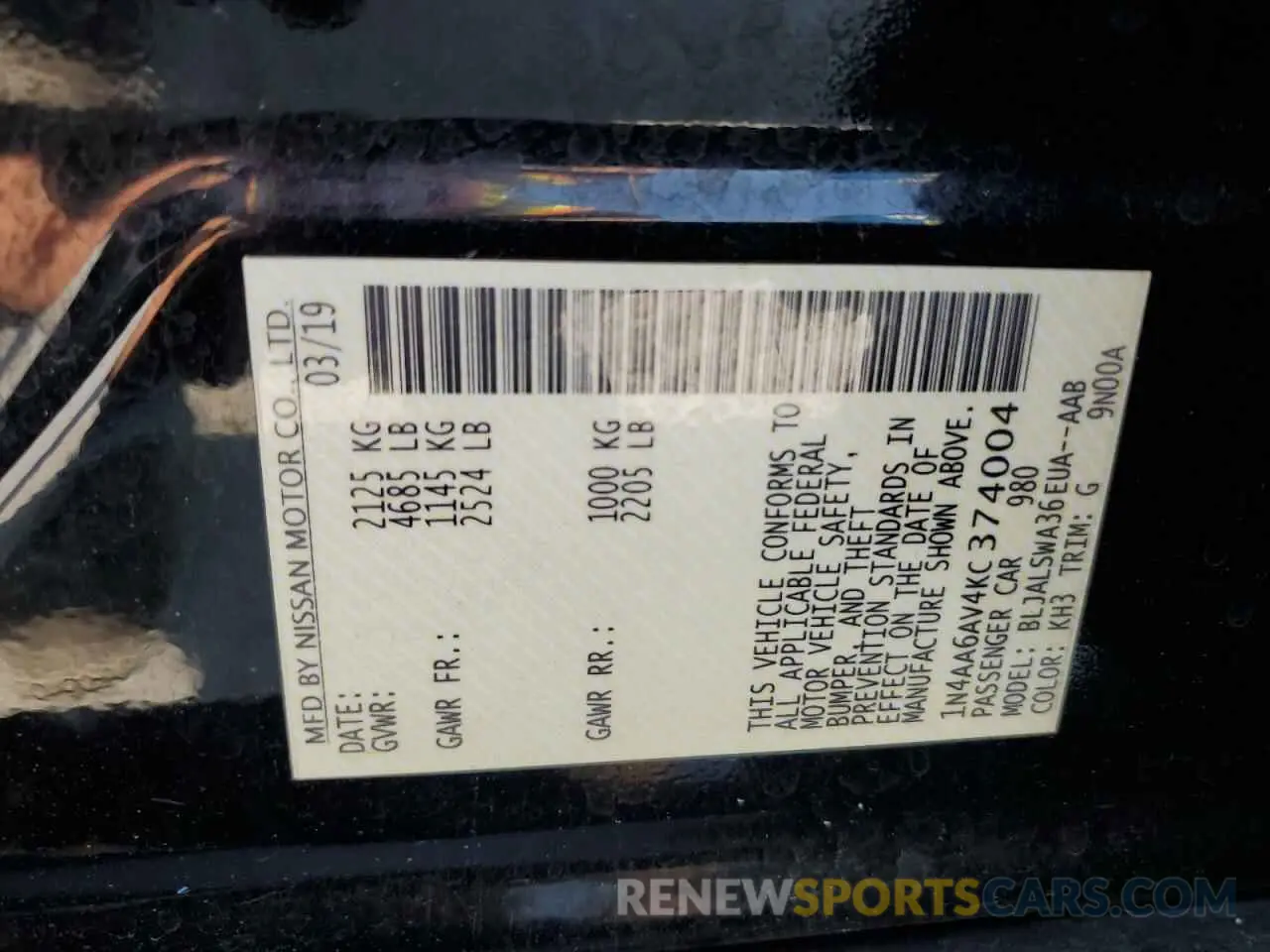 12 Photograph of a damaged car 1N4AA6AV4KC374004 NISSAN MAXIMA 2019