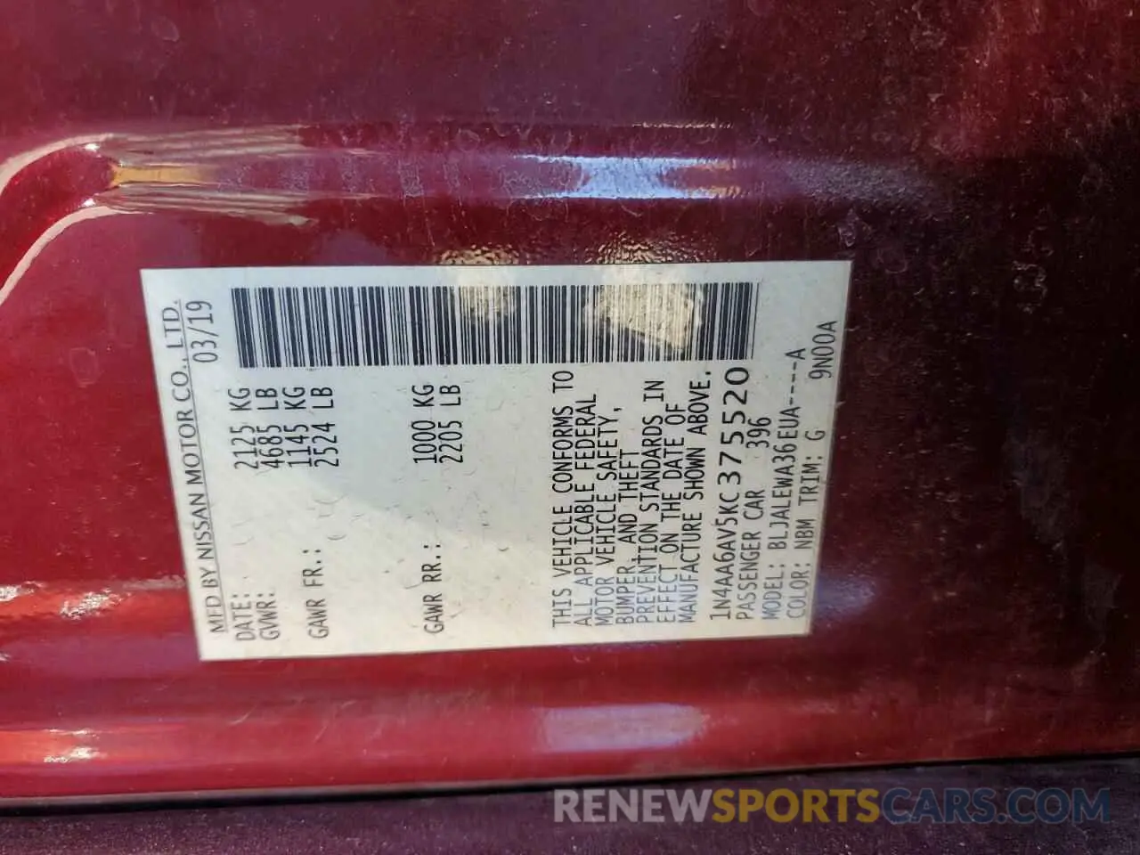14 Photograph of a damaged car 1N4AA6AV5KC375520 NISSAN MAXIMA 2019
