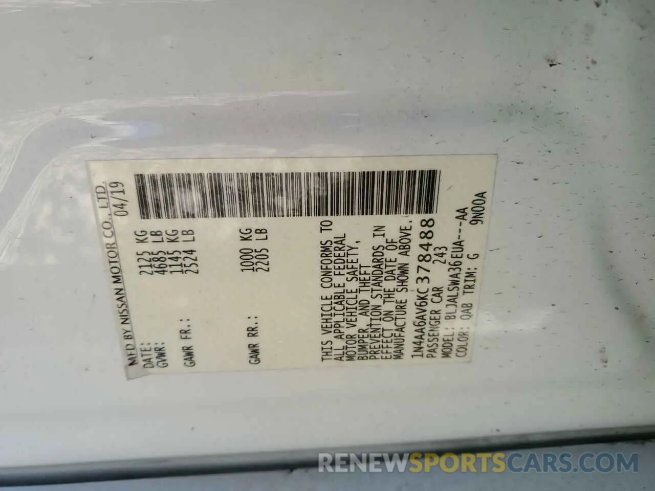 13 Photograph of a damaged car 1N4AA6AV6KC378488 NISSAN MAXIMA 2019