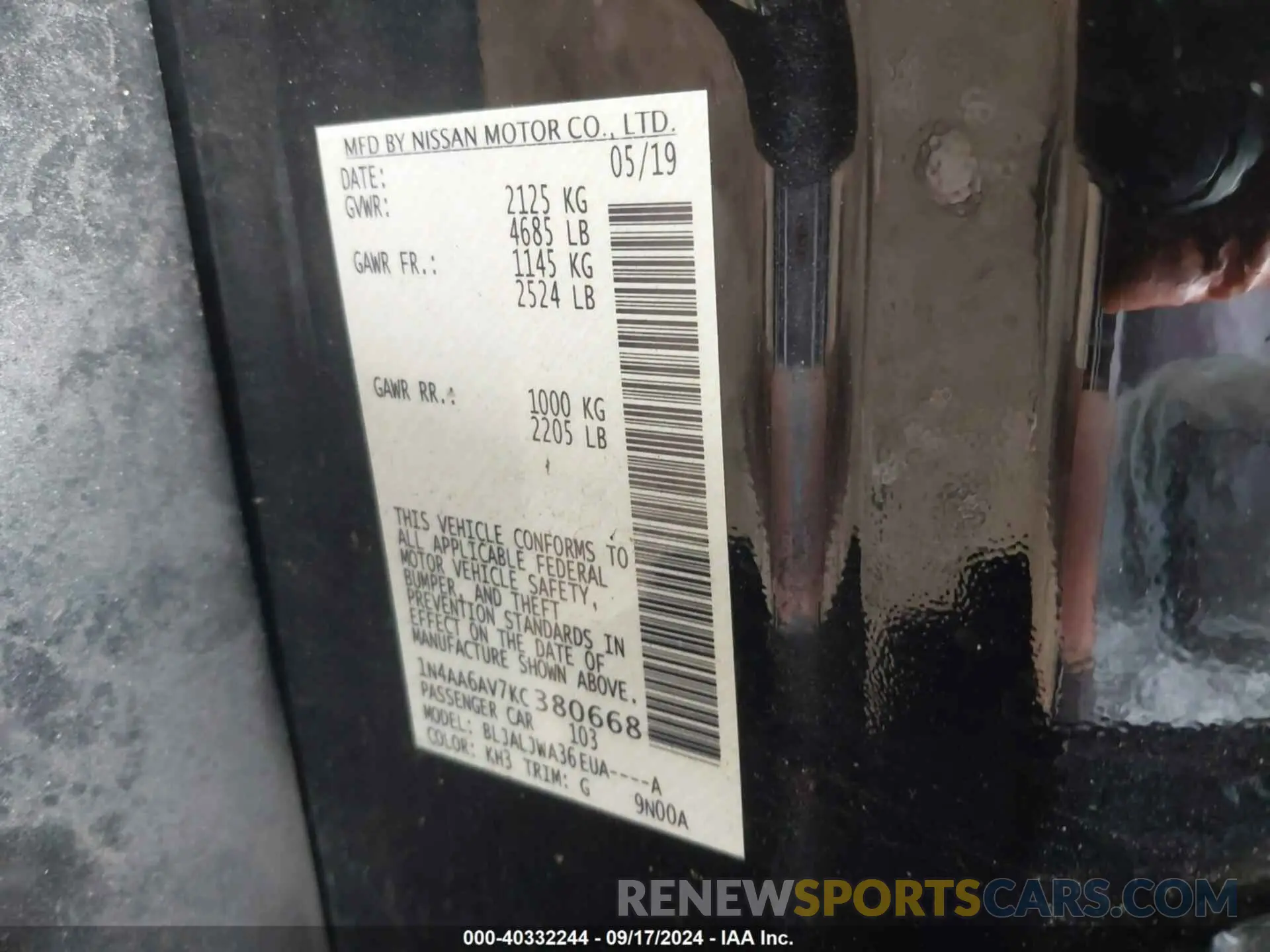 9 Фотография поврежденного автомобиля 1N4AA6AV7KC380668 NISSAN MAXIMA 2019