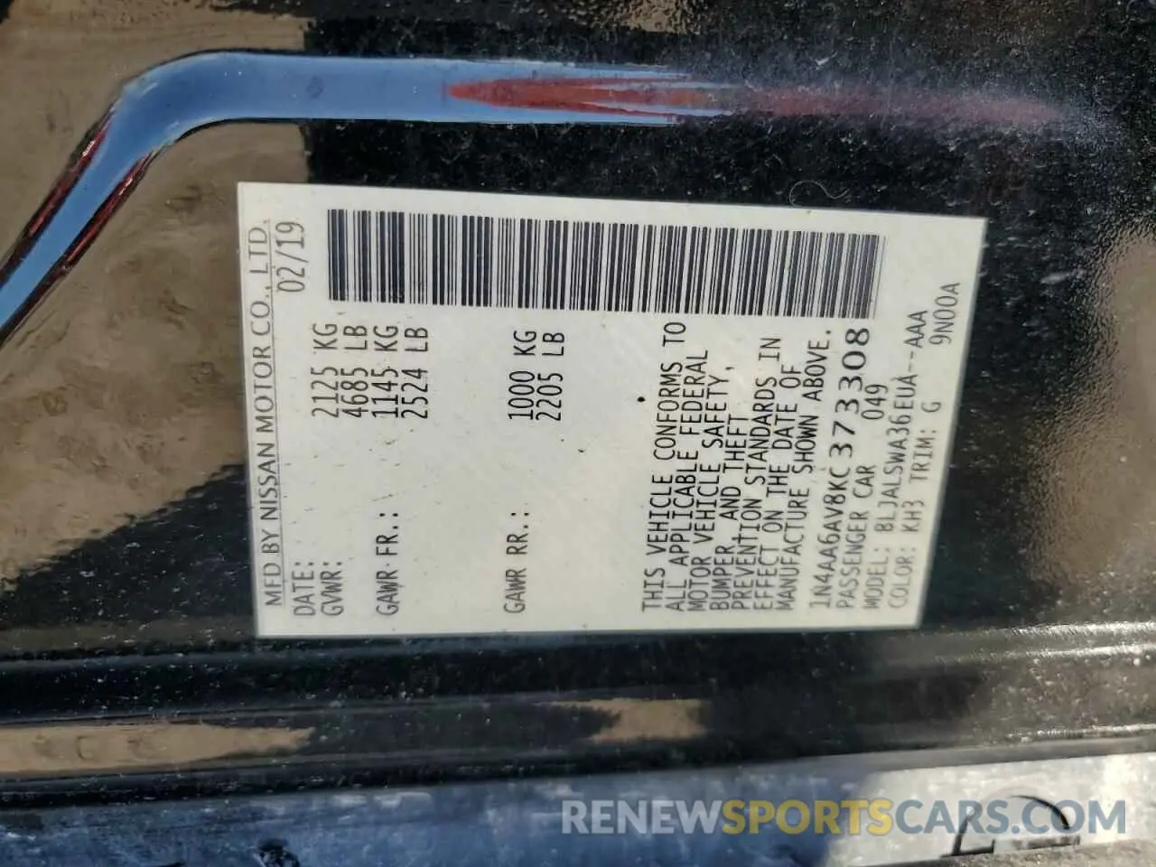 12 Photograph of a damaged car 1N4AA6AV8KC373308 NISSAN MAXIMA 2019
