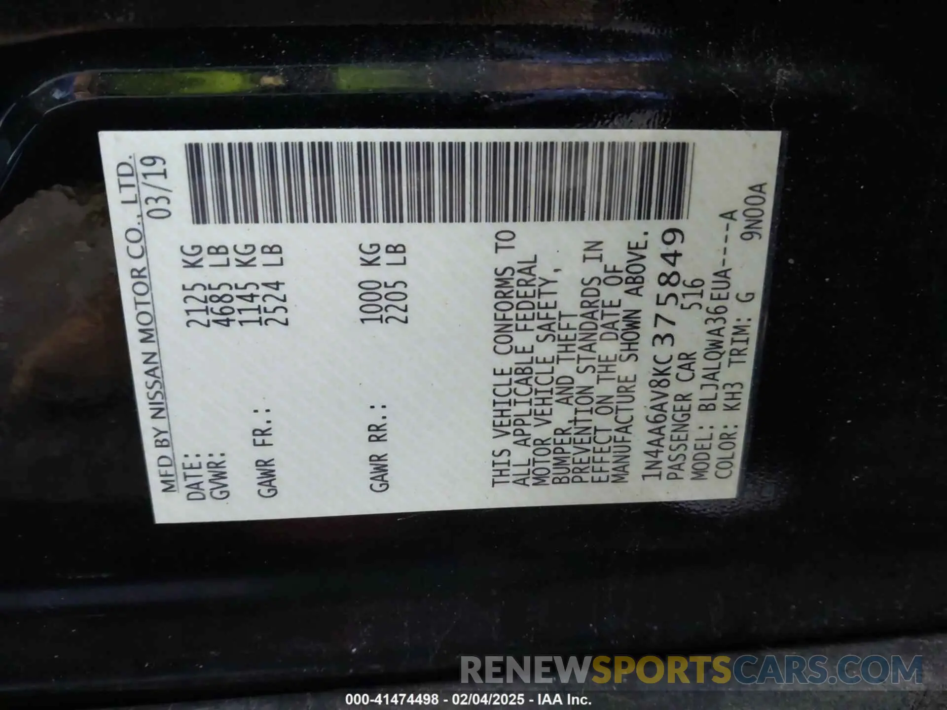 9 Фотография поврежденного автомобиля 1N4AA6AV8KC375849 NISSAN MAXIMA 2019