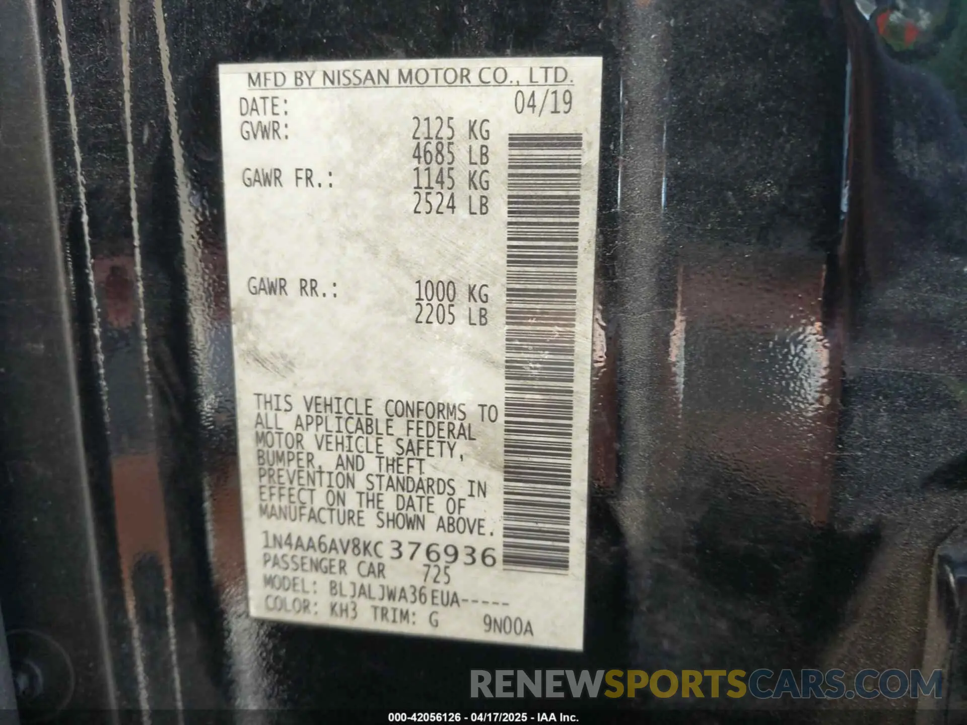 9 Фотография поврежденного автомобиля 1N4AA6AV8KC376936 NISSAN MAXIMA 2019