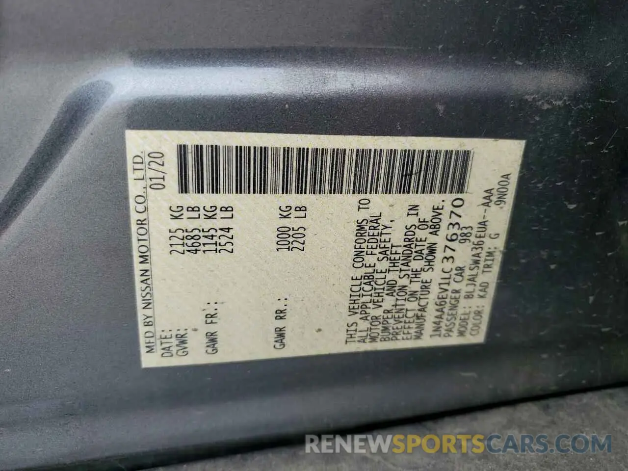 12 Photograph of a damaged car 1N4AA6EV1LC376370 NISSAN MAXIMA 2020