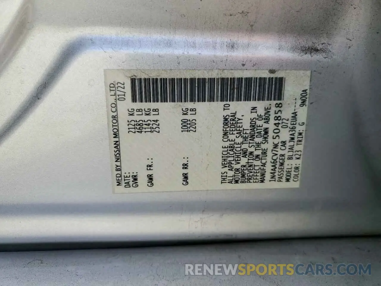 12 Photograph of a damaged car 1N4AA6CV7NC504858 NISSAN MAXIMA 2022