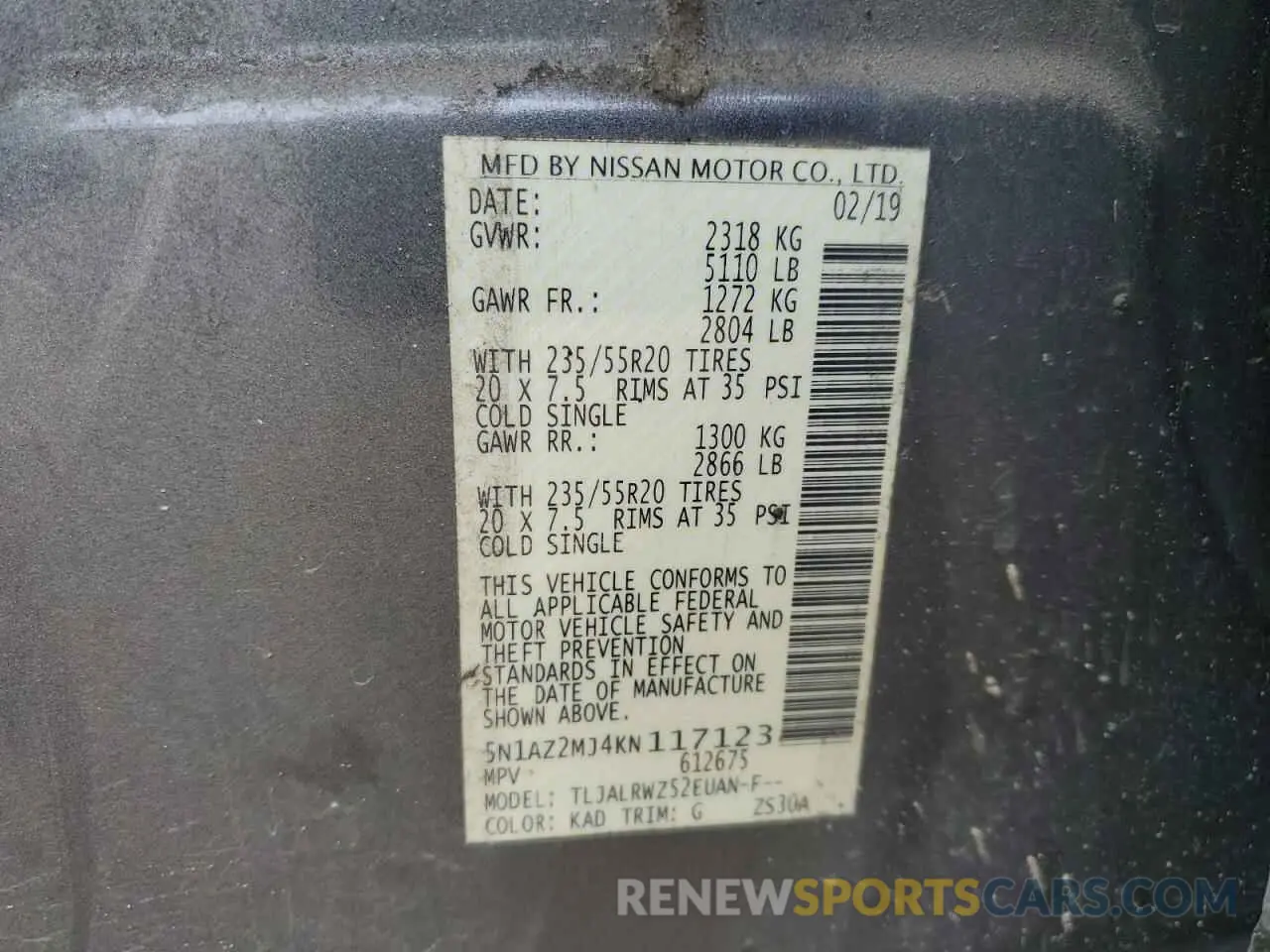 15 Photograph of a damaged car 5N1AZ2MJ4KN117123 NISSAN MURANO 2019