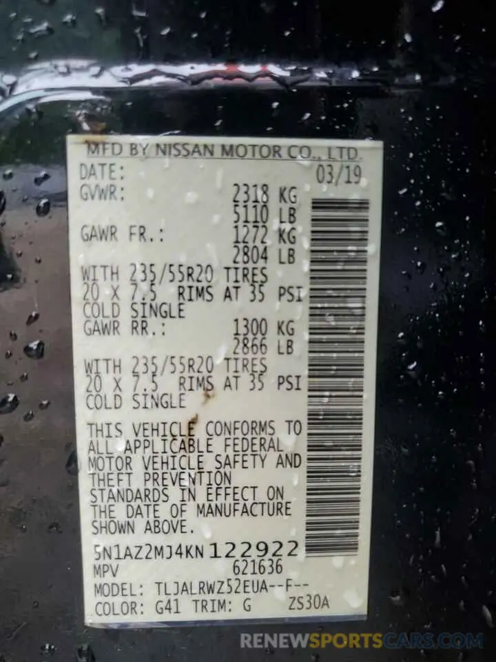 13 Photograph of a damaged car 5N1AZ2MJ4KN122922 NISSAN MURANO 2019