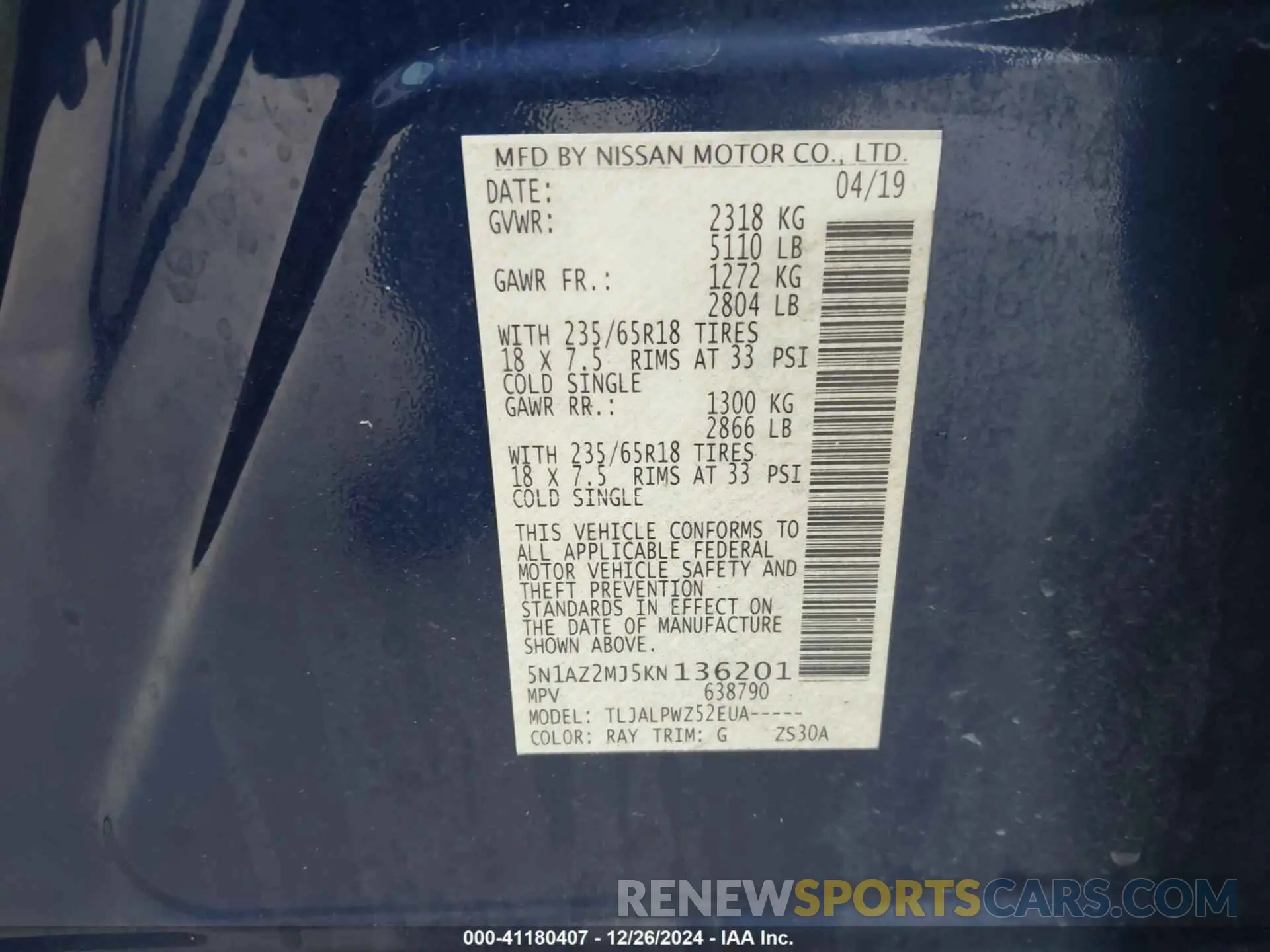 9 Photograph of a damaged car 5N1AZ2MJ5KN136201 NISSAN MURANO 2019