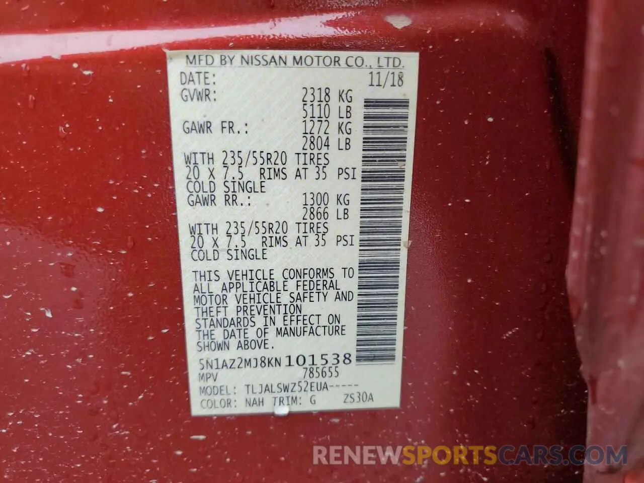 13 Фотография поврежденного автомобиля 5N1AZ2MJ8KN101538 NISSAN MURANO 2019