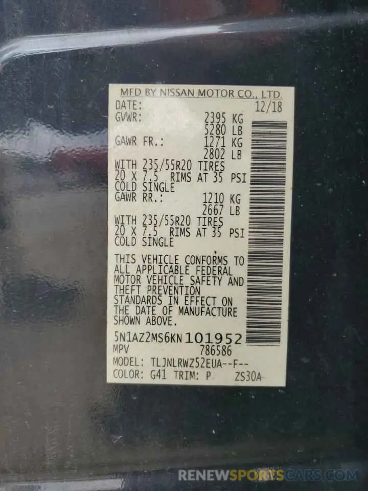 12 Фотография поврежденного автомобиля 5N1AZ2MS6KN101952 NISSAN MURANO 2019
