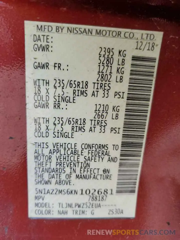 13 Photograph of a damaged car 5N1AZ2MS6KN102681 NISSAN MURANO 2019