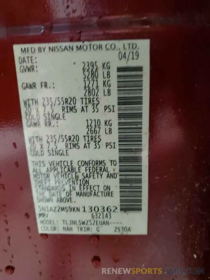 13 Фотография поврежденного автомобиля 5N1AZ2MS9KN130362 NISSAN MURANO 2019