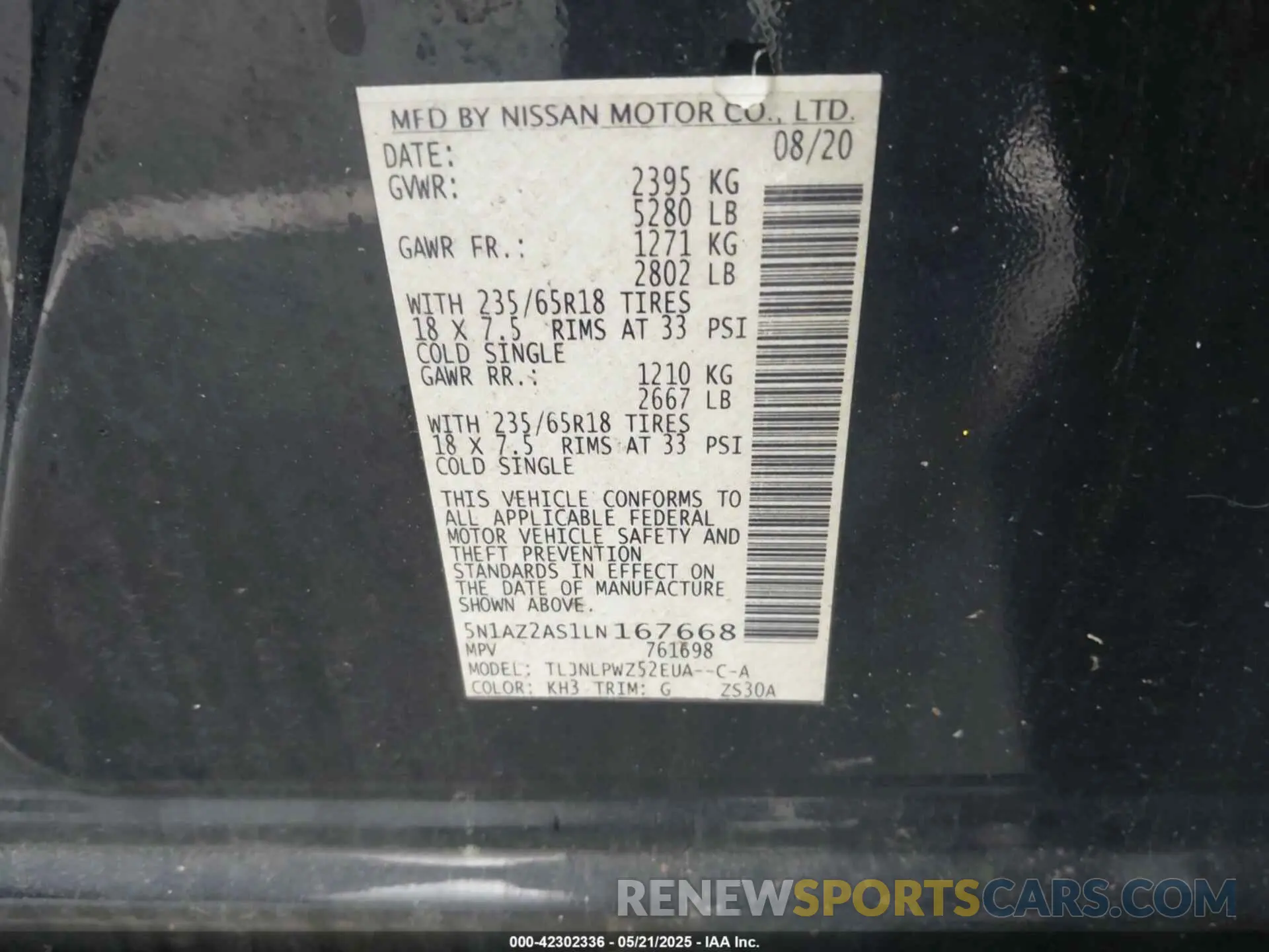 9 Фотография поврежденного автомобиля 5N1AZ2AS1LN167668 NISSAN MURANO 2020